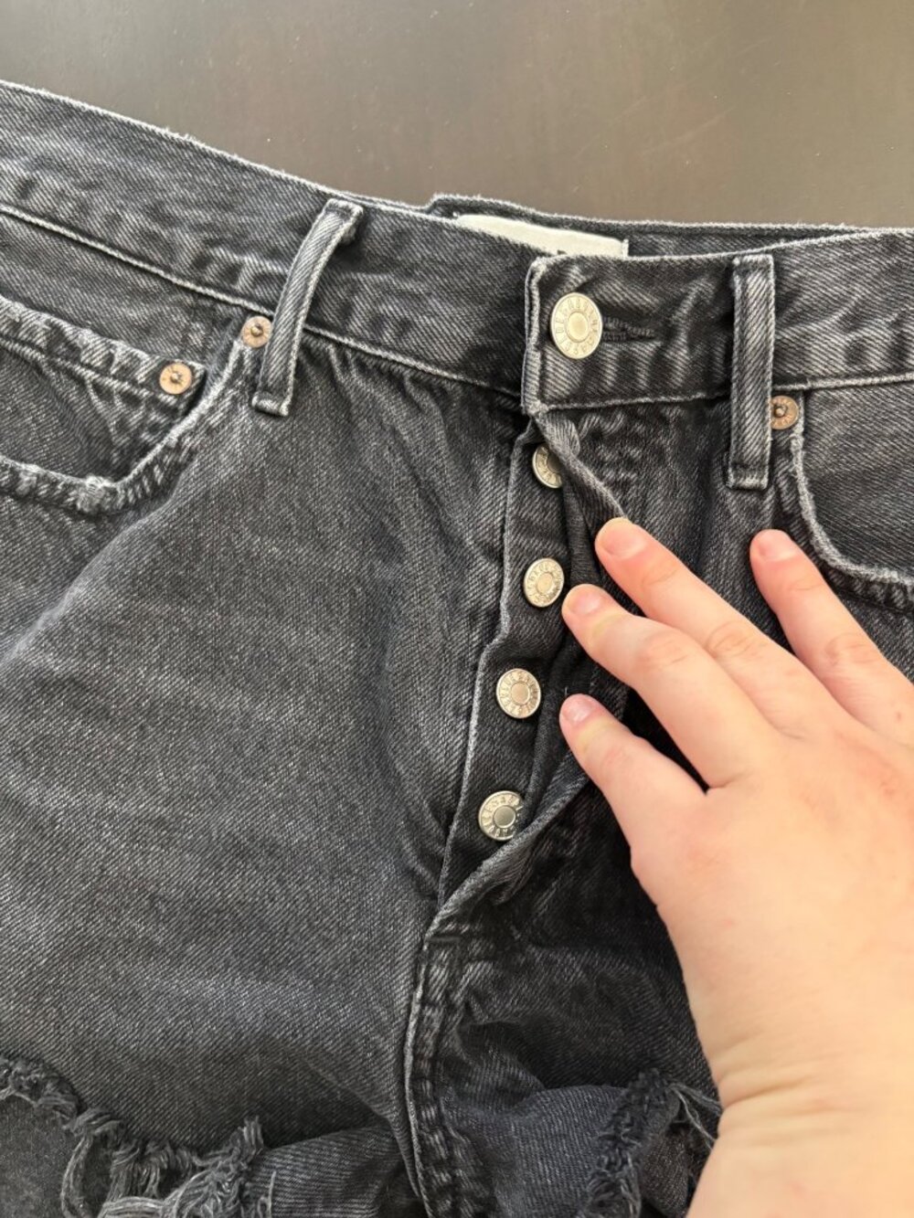 Agolde Parker Distressed Cut-Off High-Rise Button Fly Denim Jean Shorts Black 27 - Picture 8 of 10
